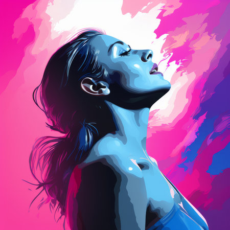 a painting of a woman in blue and pinkの素材