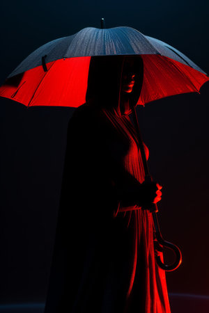 a silhouette of a woman holding an umbrellaの素材