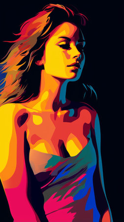 a painting of a woman in a colorful dressの素材