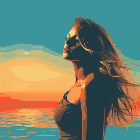a painting of a woman standing in front of the ocean at sunsetの素材