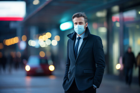 a man in a suit and tie is wearing a face maskの素材