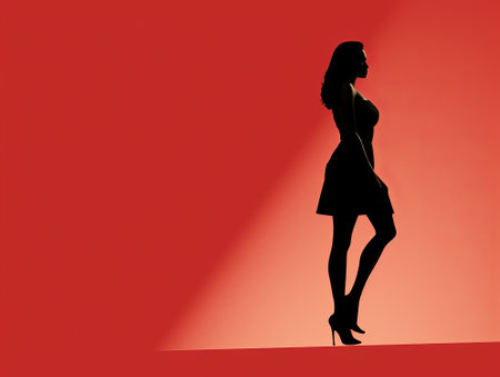 a silhouette of a woman in a dress standing in front of a red backgroundの素材