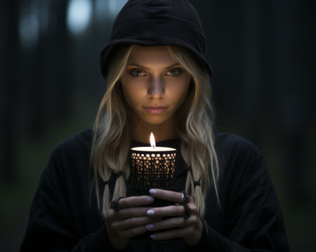 a woman holding a candle in the woodsの素材