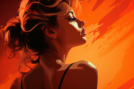 a woman in a black bra top is in front of an orange backgroundの素材