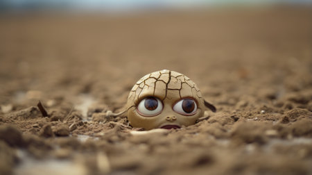 a toy with big eyes sitting in the middle of a dirt fieldの素材