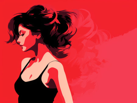 a woman in a black dress is standing in front of a red backgroundの素材