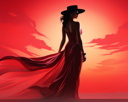 a woman in a black hat and long dress is standing in front of a red sunsetの素材