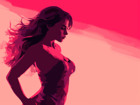 a woman in a pink dress is standing in front of a pink backgroundの素材