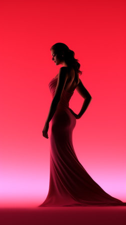 a woman in a red dress standing in front of a red backgroundの素材