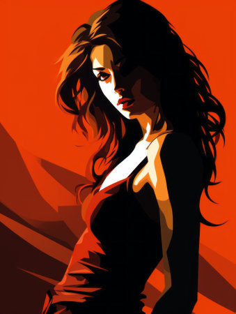 a woman in a red dress is standing in front of a red backgroundの素材