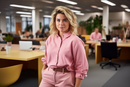 a woman in a pink shirt is standing in an officeの素材