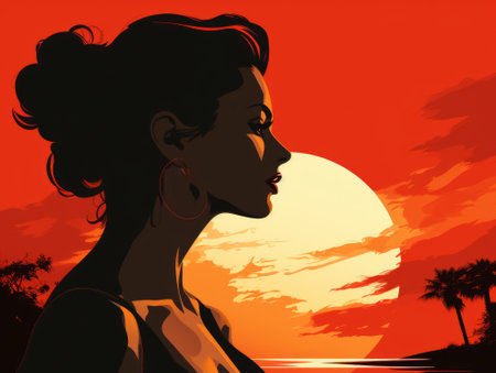 a woman is silhouetted against the sunset with palm trees in the backgroundの素材