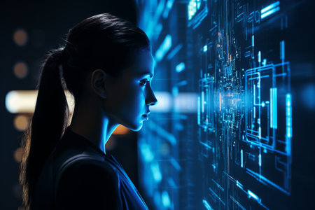 a woman looking at a computer screen in front of herの素材