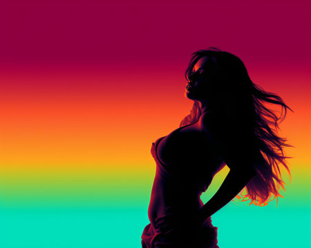 a woman is standing in front of a colorful backgroundの素材