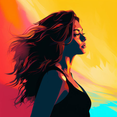 a woman with her hair blowing in the windの素材