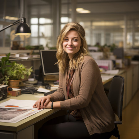 a woman sitting at a deskの素材