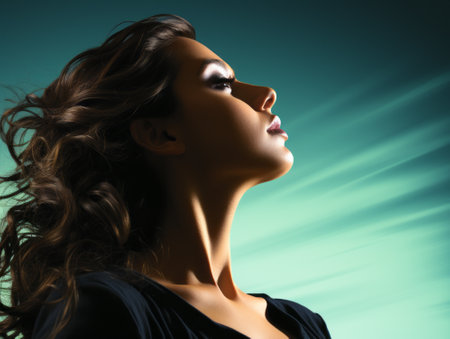 a woman with long hair looking up in the airの素材