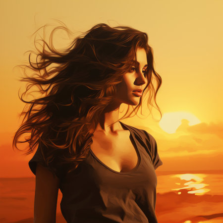 a woman with her hair blowing in the wind at sunsetの素材