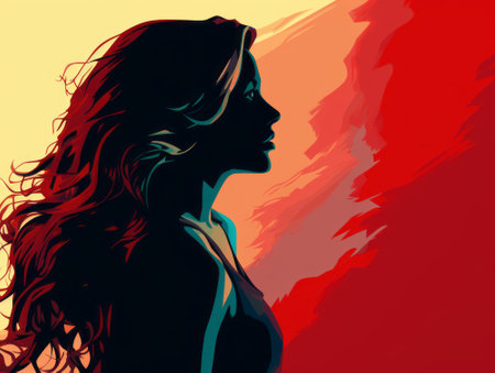 a woman with long hair is standing in front of a red and yellow backgroundの素材