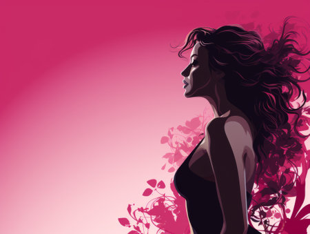 a woman with long hair is standing in front of a pink backgroundの素材