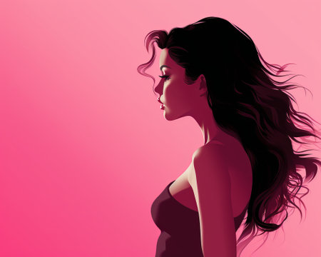 a woman with long hair is standing in front of a pink backgroundの素材