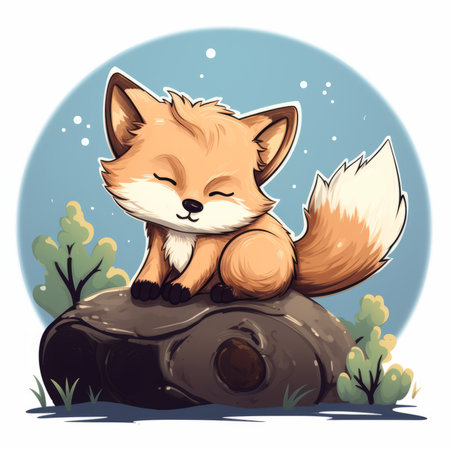 an illustration of a fox sleeping on top of a rockの素材