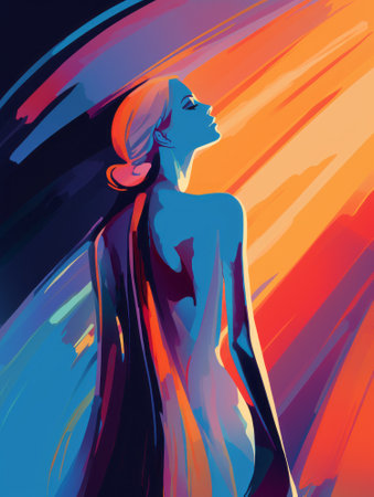 an abstract painting of a woman standing in front of a colorful backgroundの素材