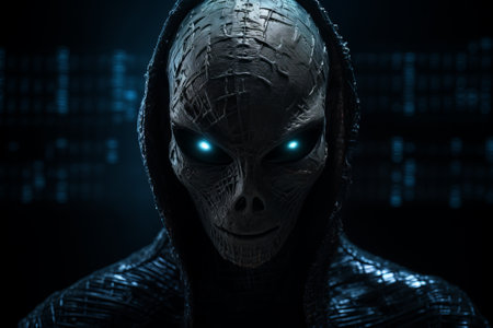 an alien with glowing eyes in the darkの素材