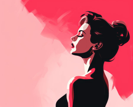 an illustration of a woman with her eyes closed in front of a red backgroundの素材