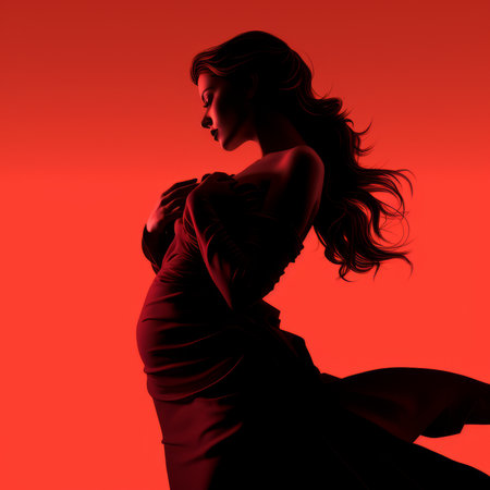 silhouette of a pregnant woman on a red backgroundの素材