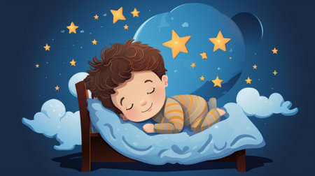 cartoon boy sleeping in bed with moon and starsの素材