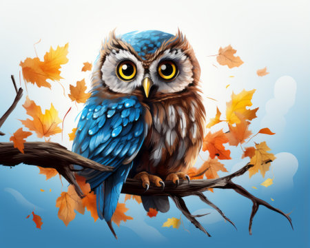 an illustration of an owl sitting on a branch with autumn leavesの素材