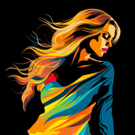 an illustration of a woman with colorful hairの素材