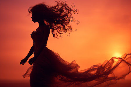 silhouette of a beautiful woman in a long dress at sunsetの素材