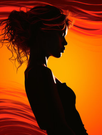 silhouette of a beautiful woman against an orange backgroundの素材