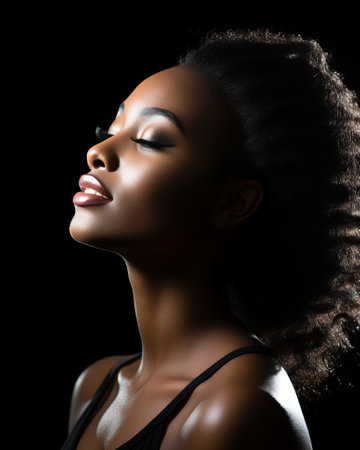 beautiful african american woman with her eyes closed on a black backgroundの素材