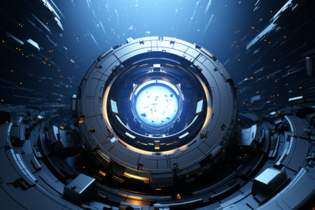 futuristic spaceship with glowing light in the centerの素材