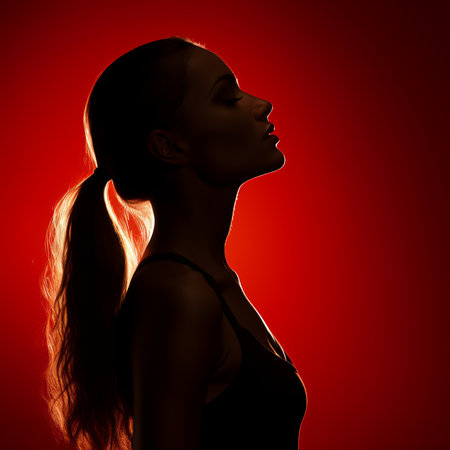 silhouette of a beautiful woman with a ponytail on a red backgroundの素材