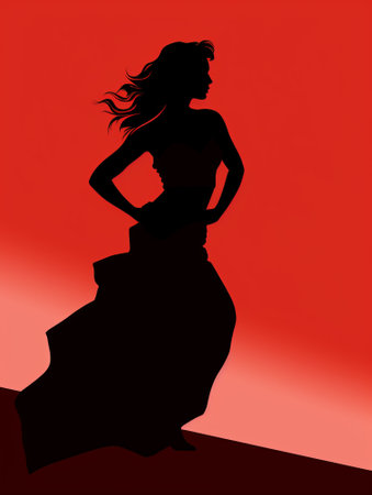 silhouette of a woman in a long dress on a red backgroundの素材