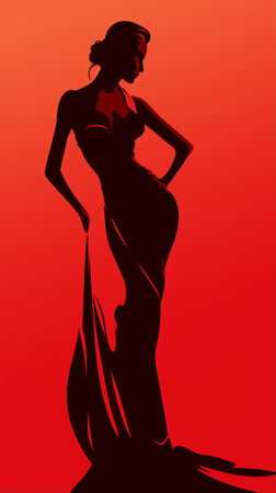 silhouette of a woman in a long dress on a red backgroundの素材