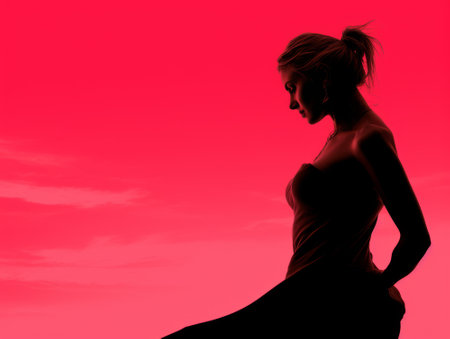 silhouette of a woman in a dress against a pink backgroundの素材