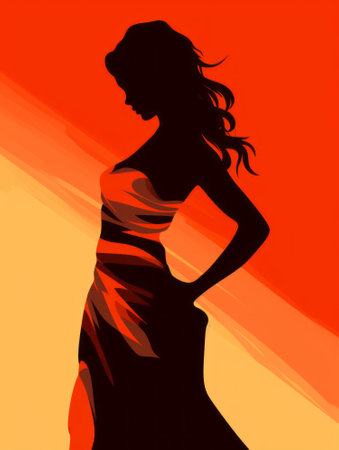 silhouette of a woman in a dress on an orange and red backgroundの素材