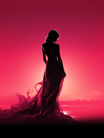silhouette of a woman in a long dress standing in front of a pink sunsetの素材