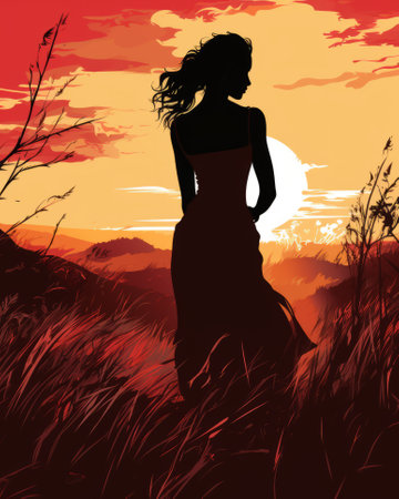 silhouette of a woman in a long dress on a hill at sunsetの素材