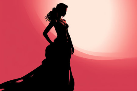silhouette of a woman in a long dress on a red backgroundの素材
