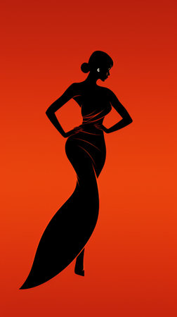 silhouette of a woman in a long dress on an orange backgroundの素材