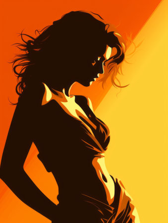 silhouette of a woman in a bikini on an orange and yellow backgroundの素材