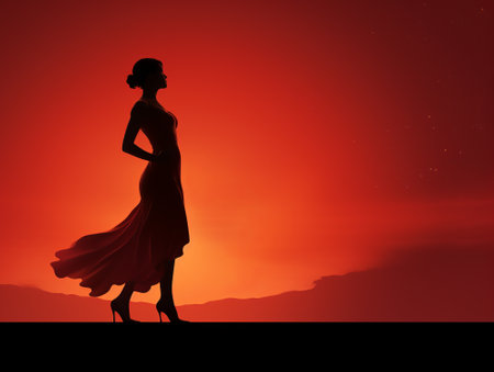 silhouette of a woman in a long dress standing in front of a sunsetの素材