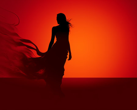 silhouette of a woman in a long dress on an orange backgroundの素材