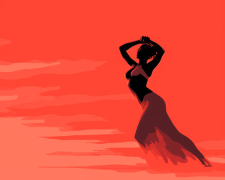 silhouette of a woman dancing on a red backgroundの素材